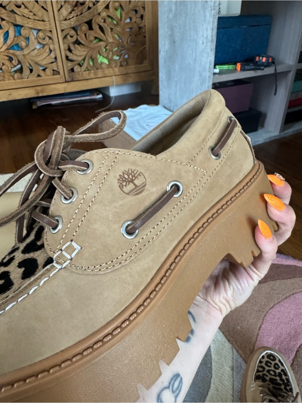 Timberland Tan Suede Boat Shoes with Leopard Print Vamp size 7 - Picture 11 of 12